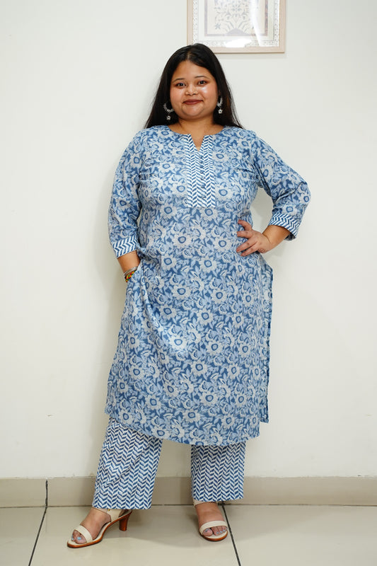 Women Plus Size Blue Floral Cotton Straight Cut Suit
