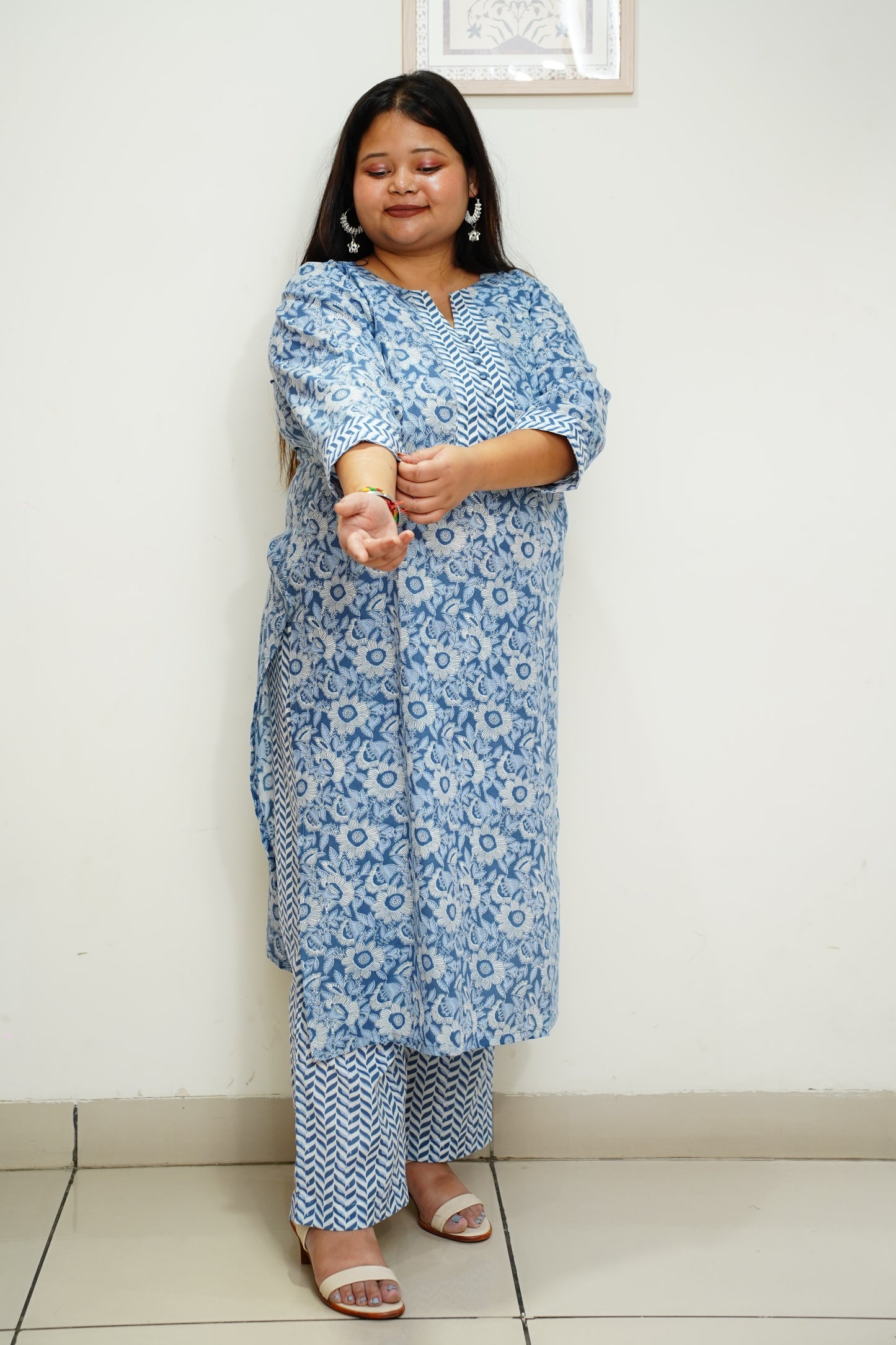 Women Plus Size Blue Floral Cotton Straight Cut Suit