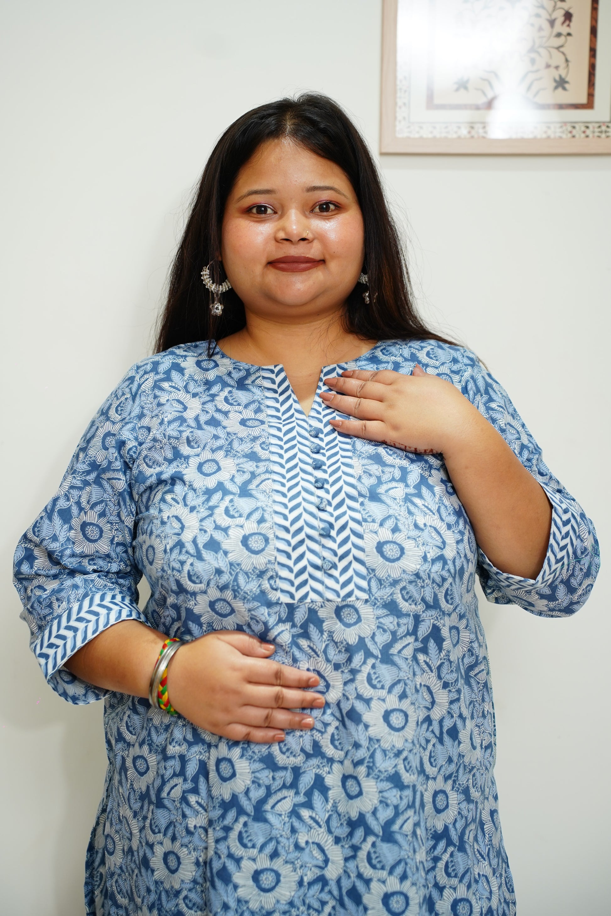 Women Plus Size Blue Floral Cotton Straight Cut Suit