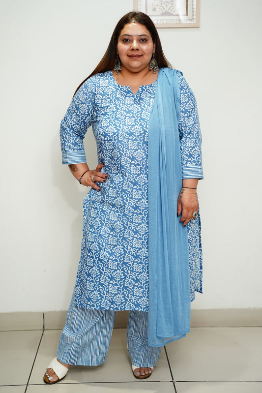 Women Plus Size Blue Printed Cotton Straight Cut Suit Set