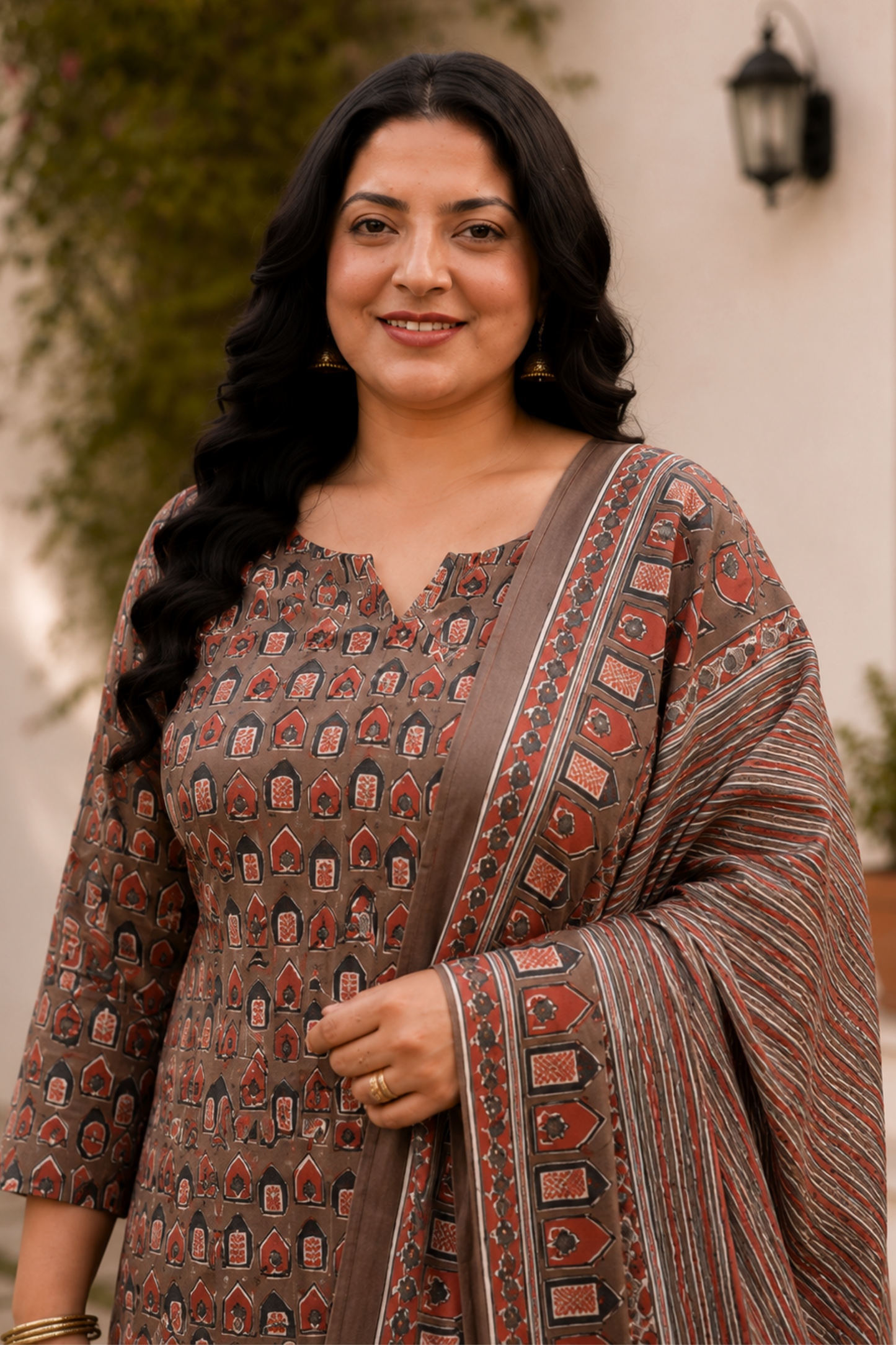 Brown Cotton Block Print Suit Set