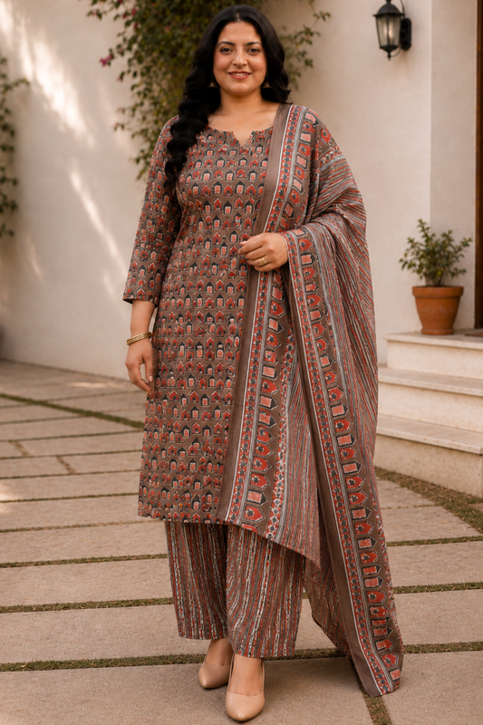 Brown Cotton Block Print Suit Set