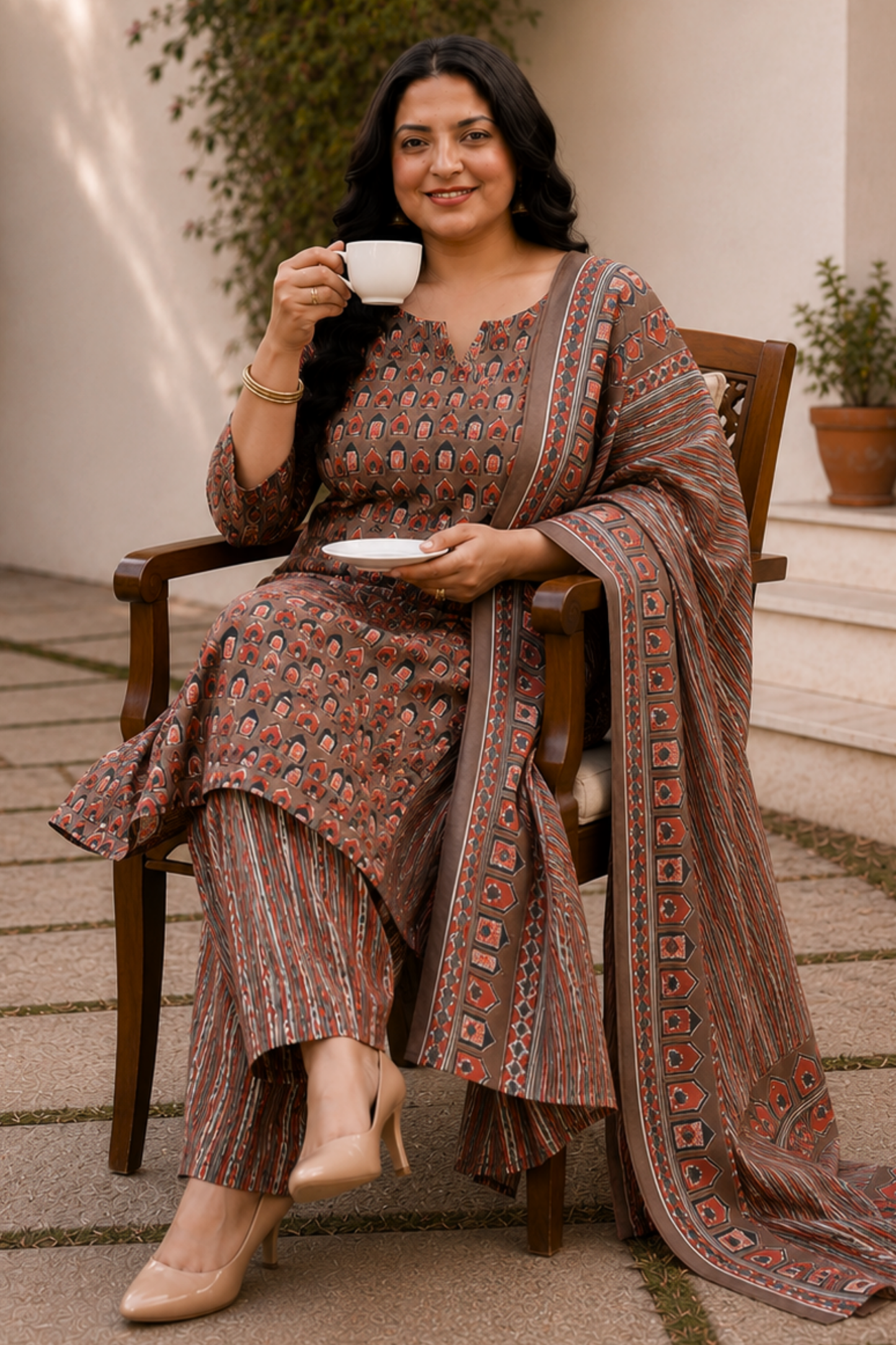 Brown Cotton Block Print Suit Set