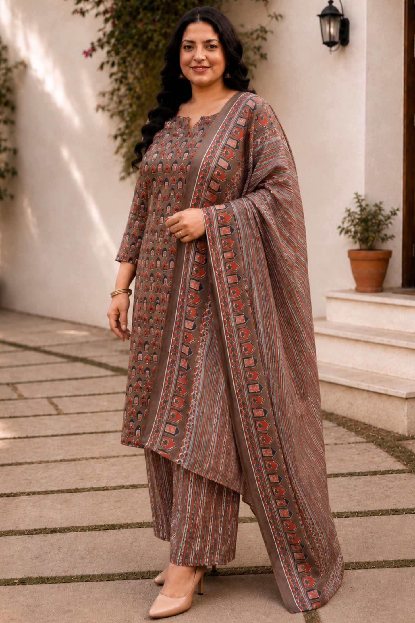 Brown Cotton Block Print Suit Set