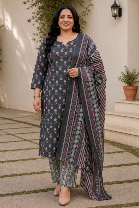 Charcoal Printed Cotton Suit Set