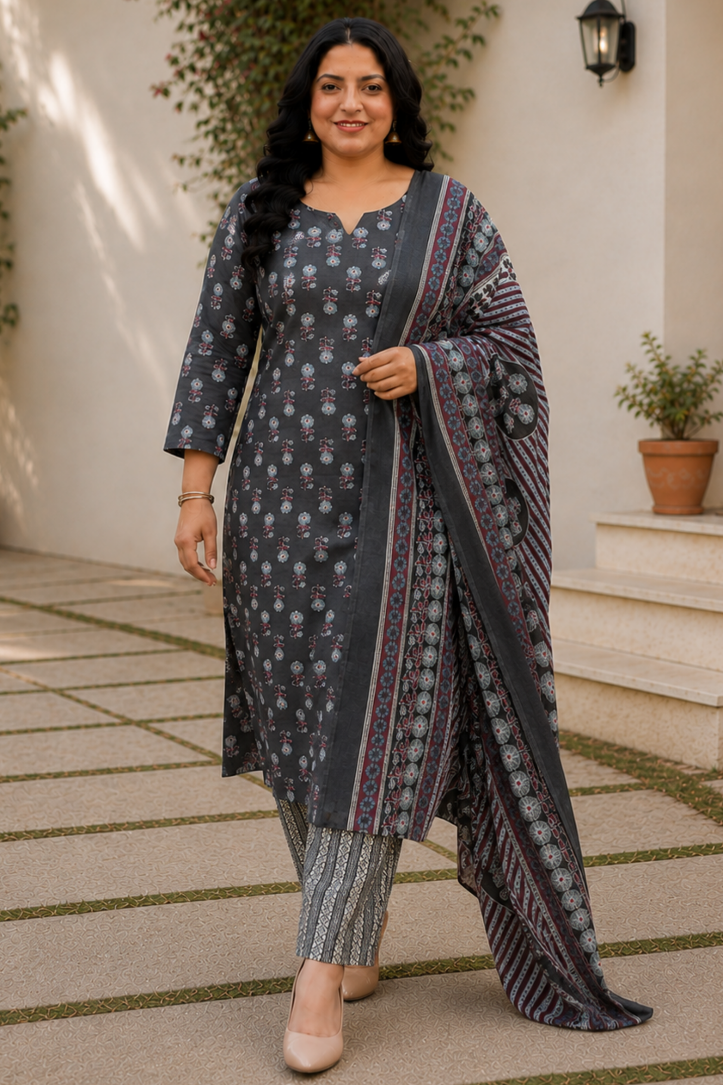 Charcoal Printed Cotton Suit Set