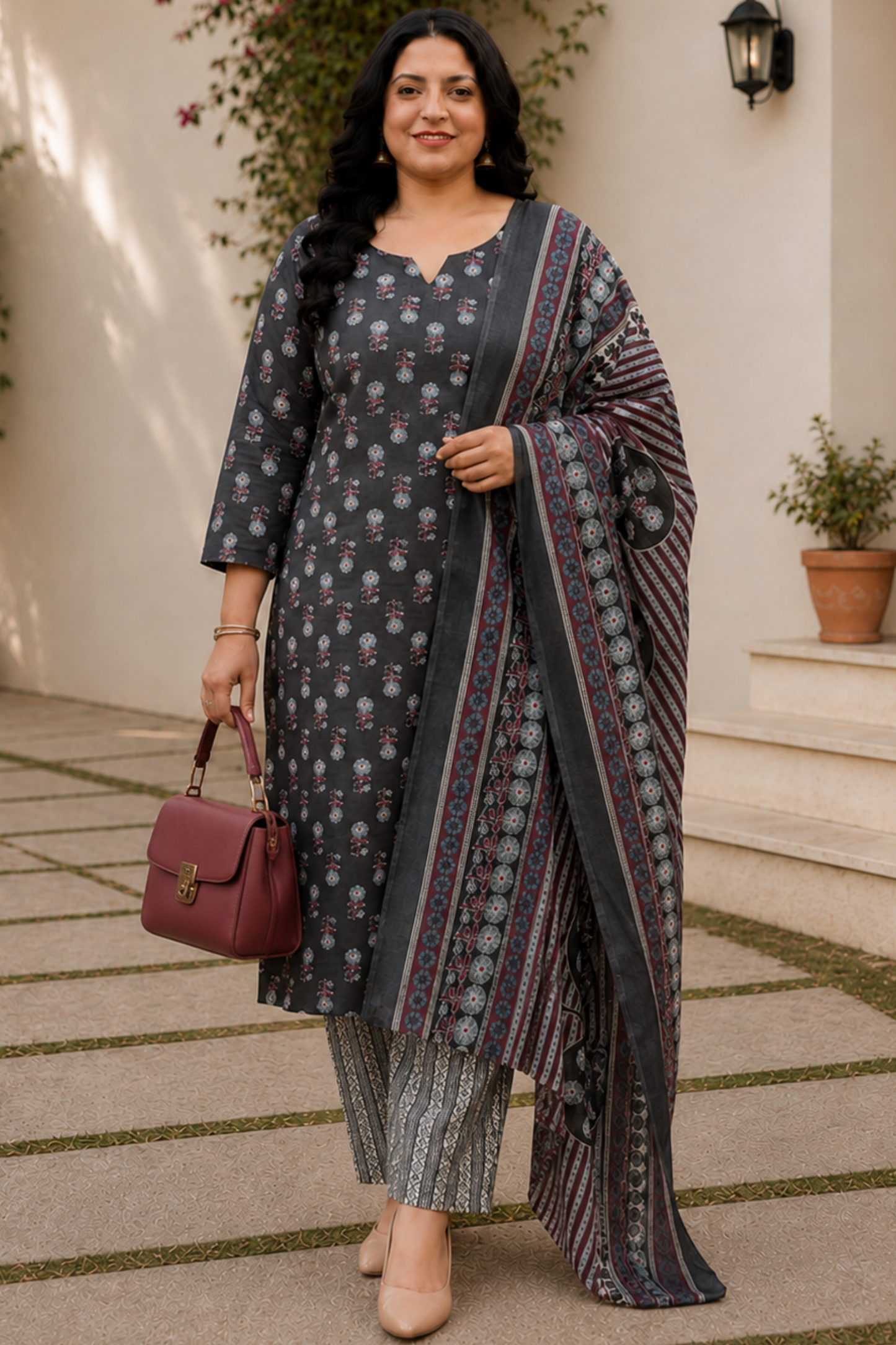 Charcoal Printed Cotton Suit Set