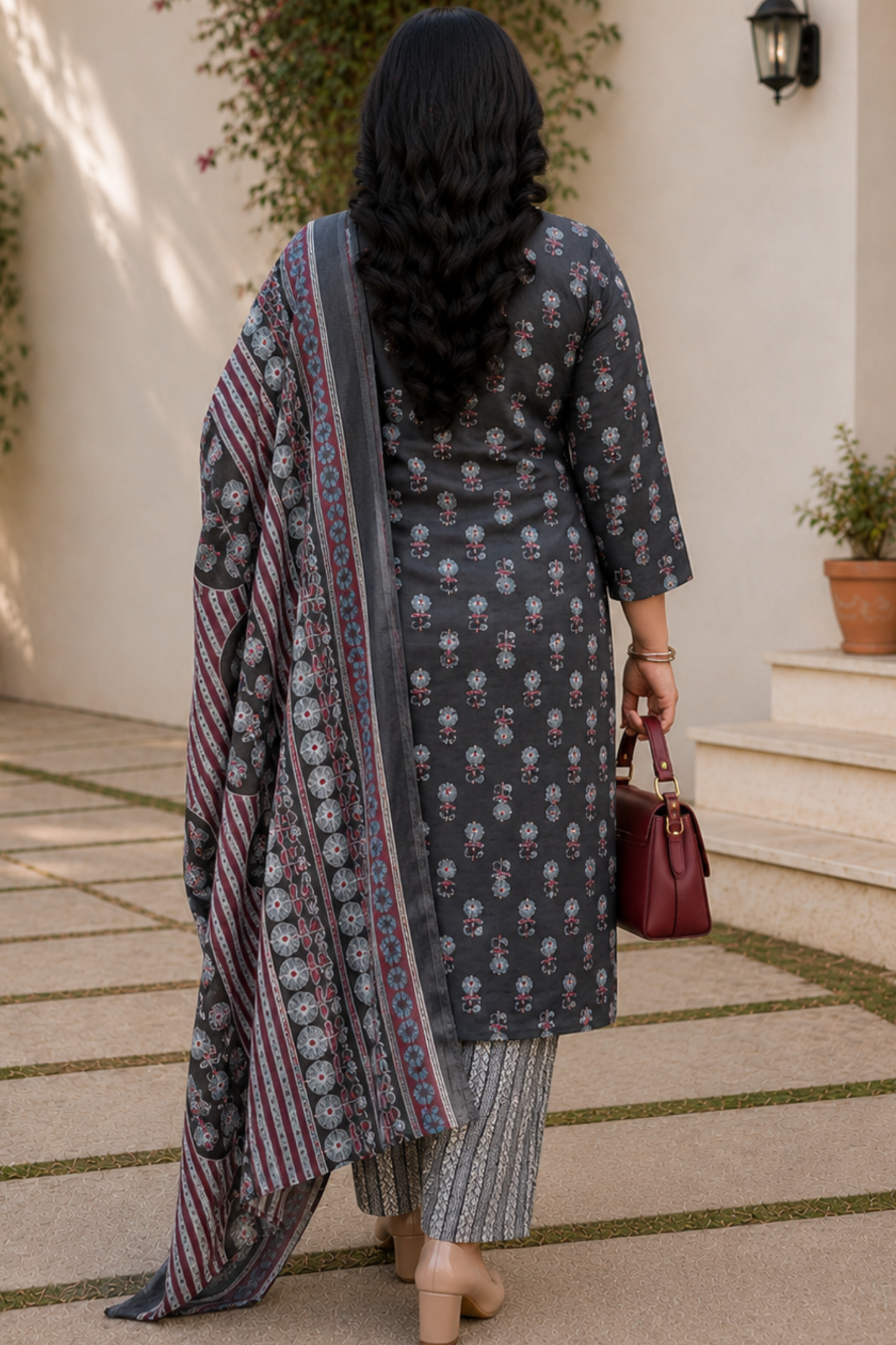 Charcoal Printed Cotton Suit Set