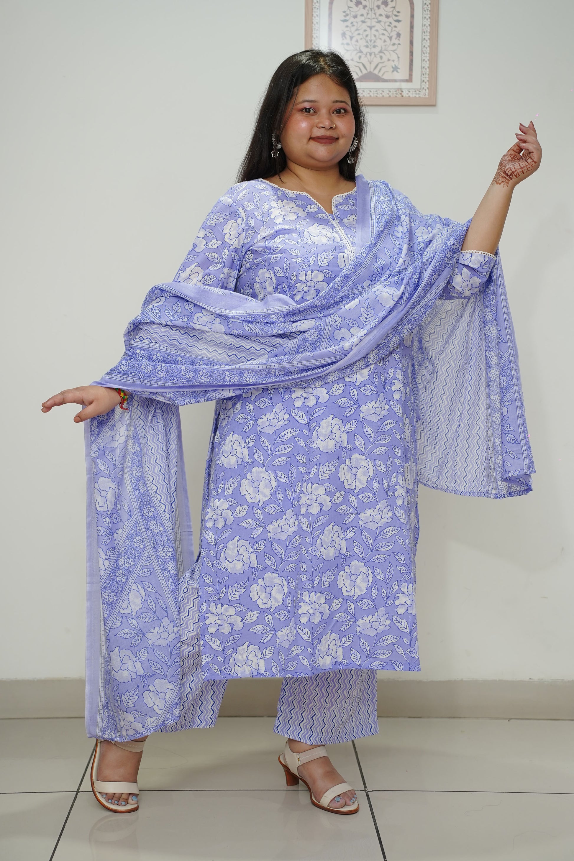 Women Plus Size Cobalt Floral Cotton Straight Cut Suit Set