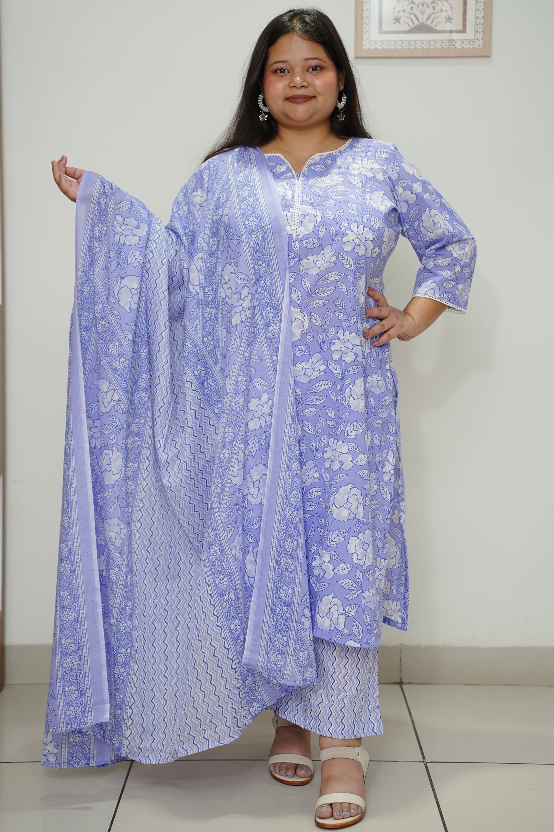 Women Plus Size Cobalt Floral Cotton Straight Cut Suit Set