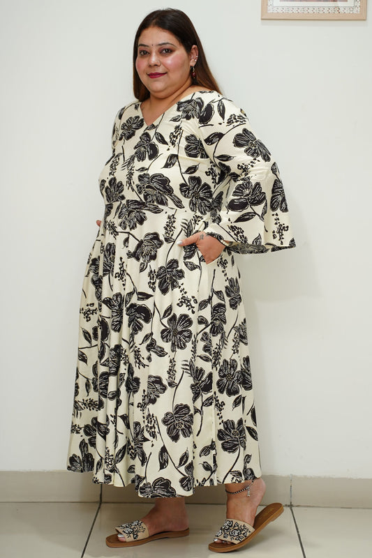 Women Plus Size Creamy Black Flared Rayon Dress with Pockets
