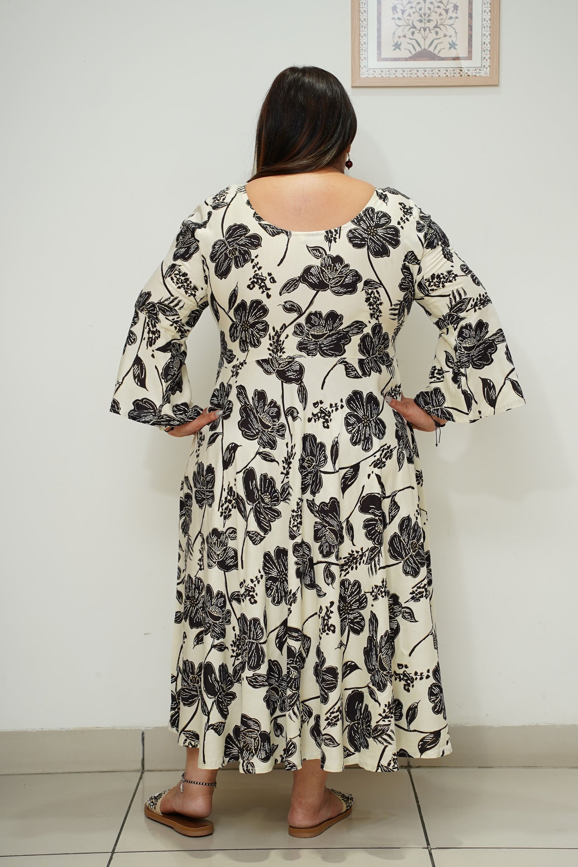 Women Plus Size Creamy Black Flared Rayon Dress with Pockets