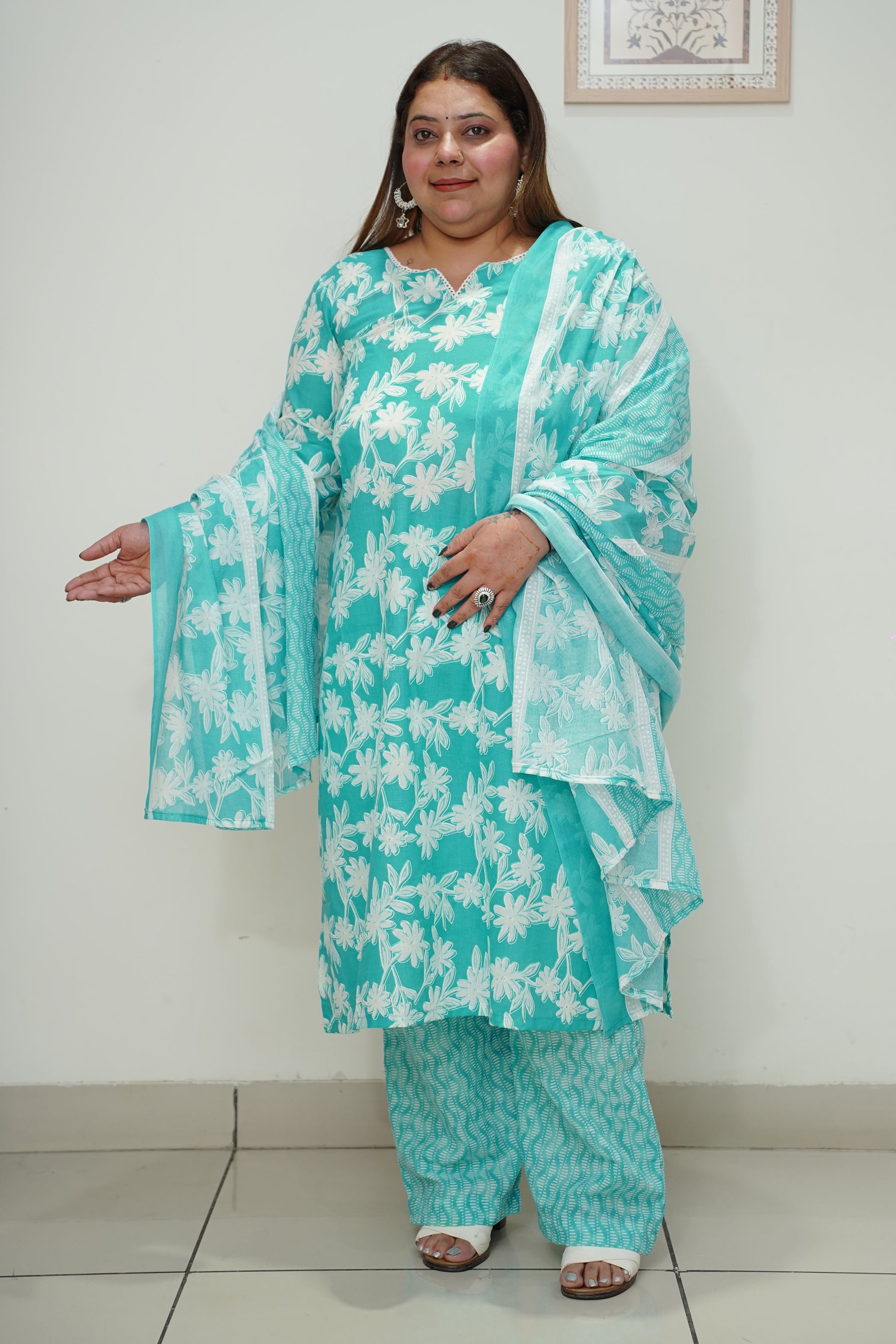 Women Plus Size Sky Floral Straight Cut Cotton Suit Set