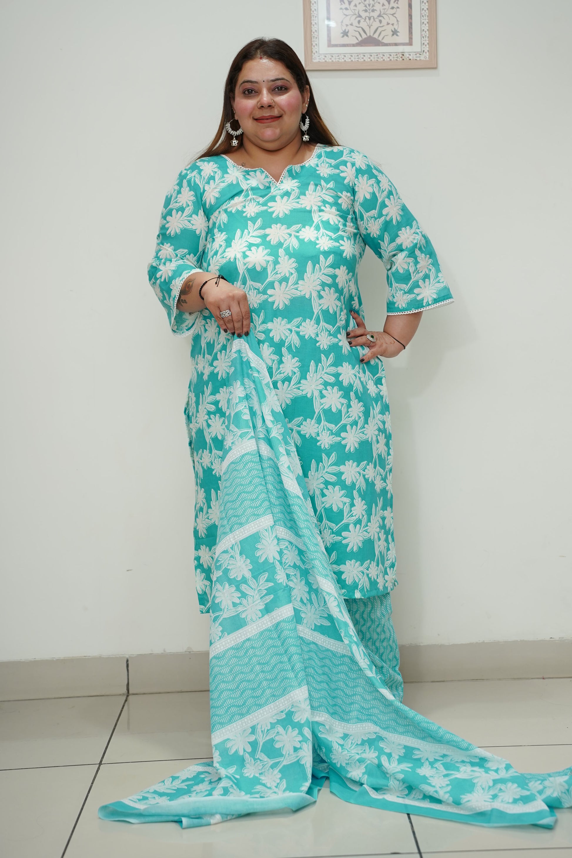Women Plus Size Sky Floral Straight Cut Cotton Suit Set