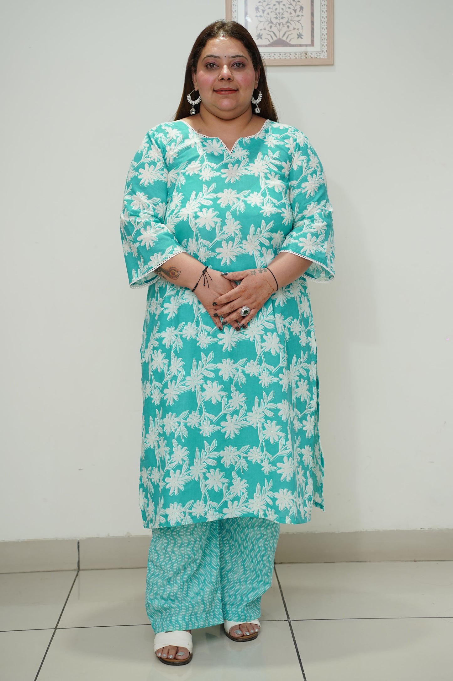 Women Plus Size Sky Floral Straight Cut Cotton Suit Set