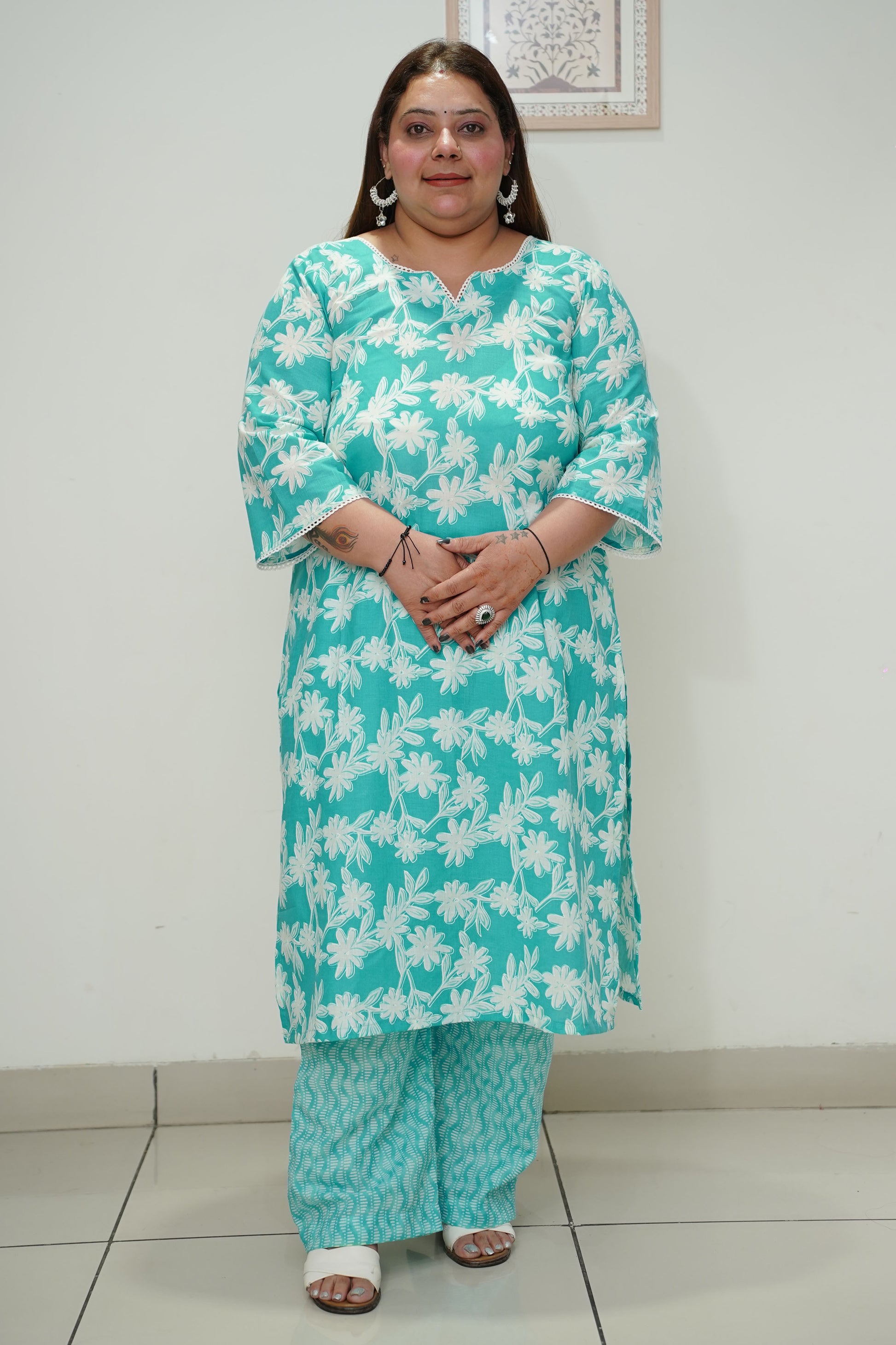 Women Plus Size Sky Floral Straight Cut Cotton Suit Set