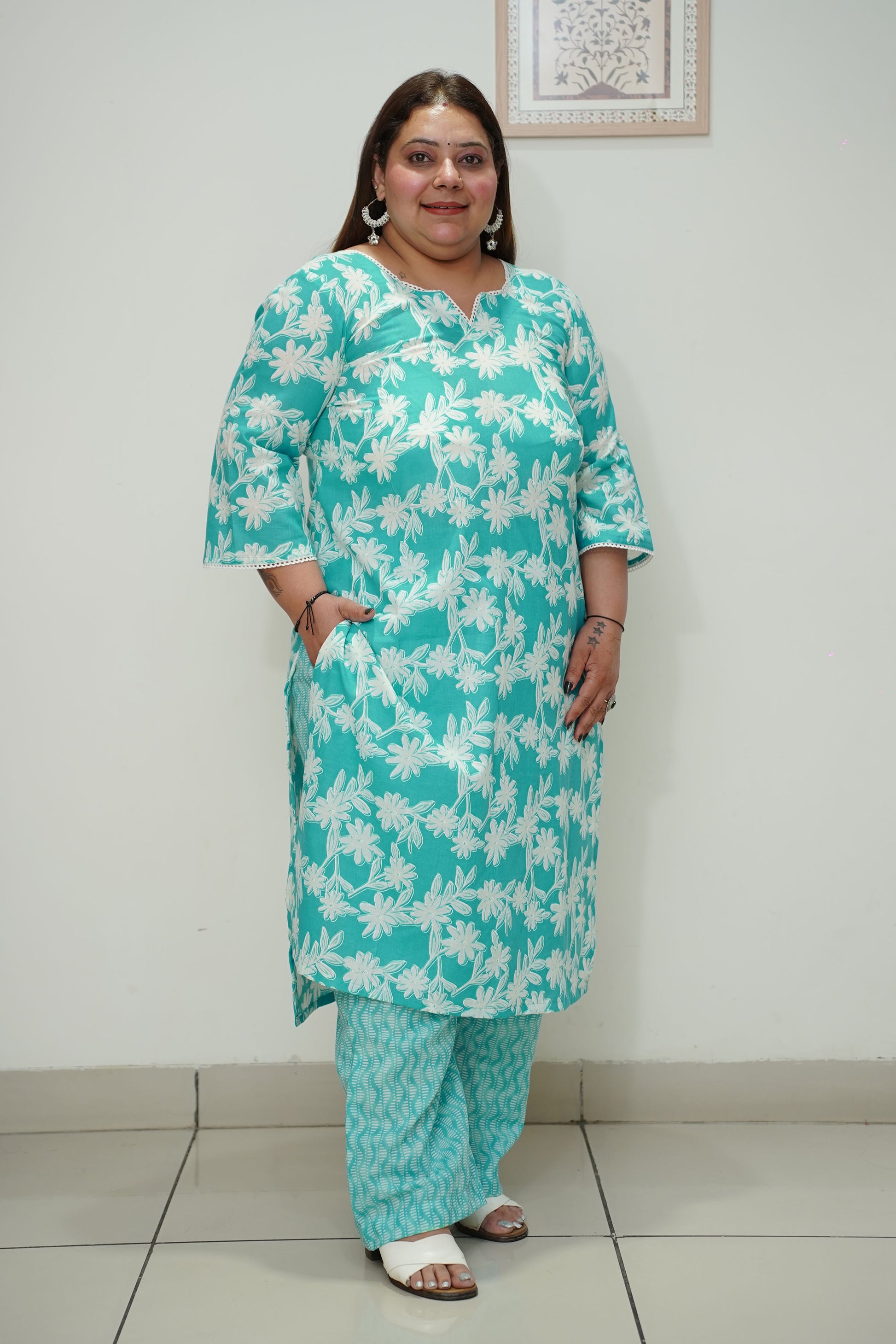 Women Plus Size Sky Floral Straight Cut Cotton Suit Set