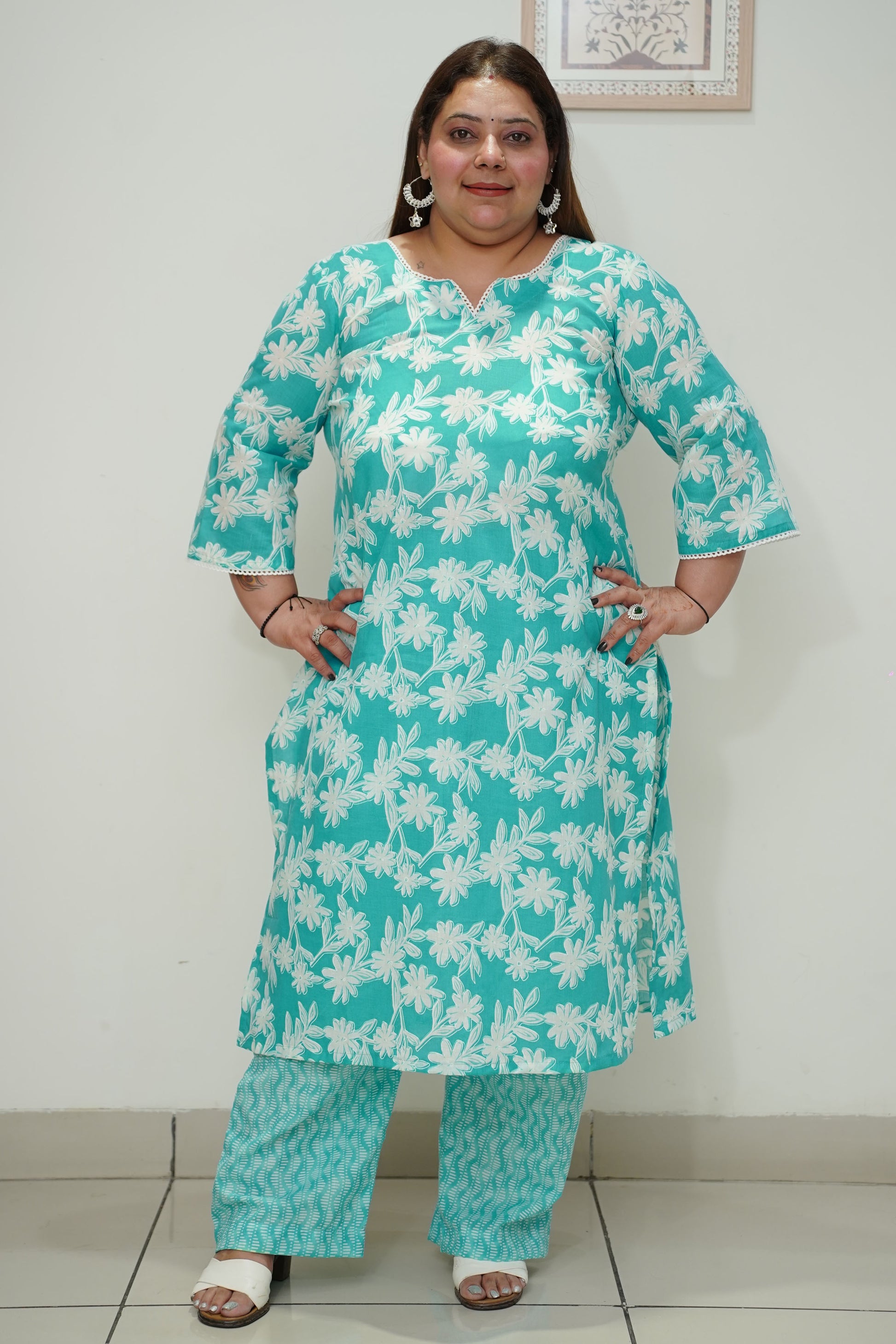 Women Plus Size Sky Floral Straight Cut Cotton Suit Set