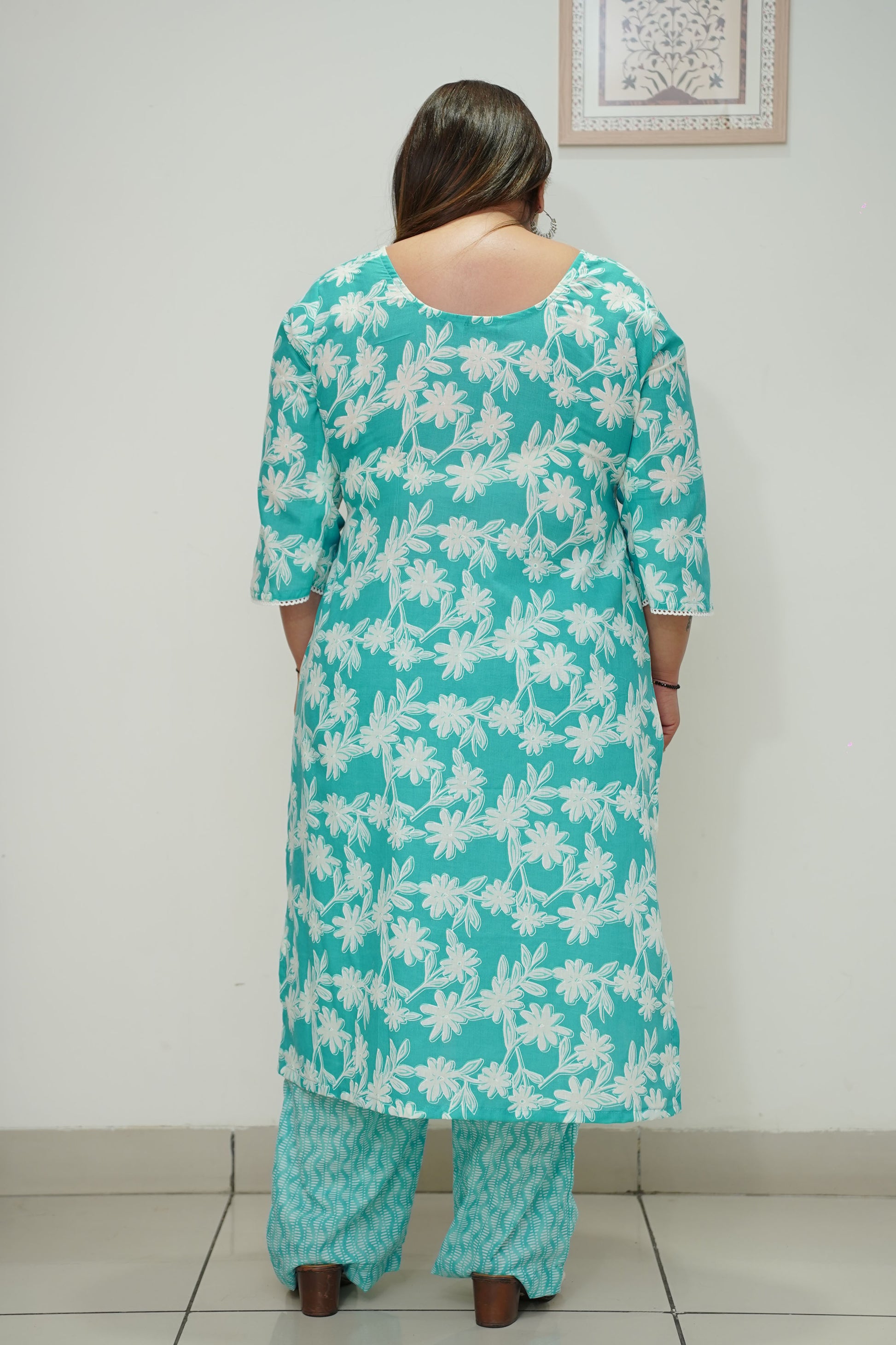Women Plus Size Sky Floral Straight Cut Cotton Suit Set