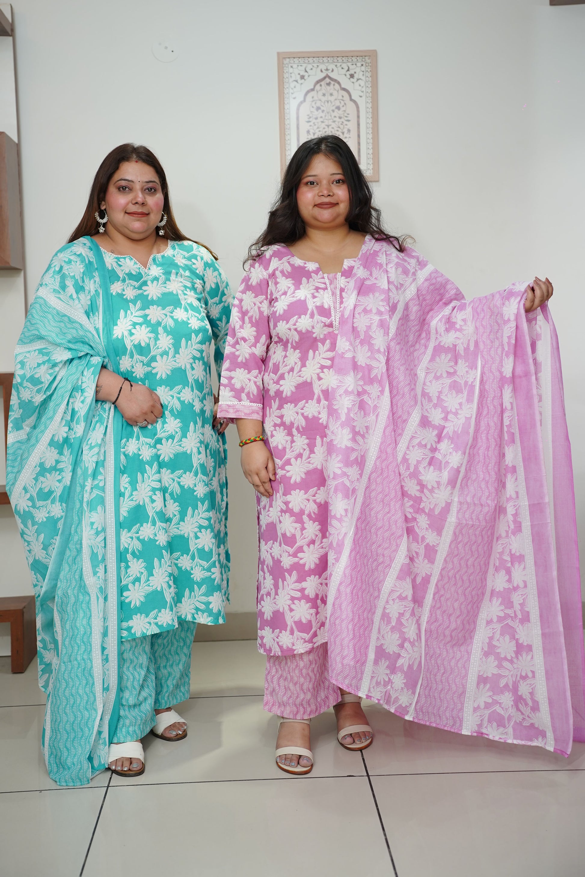 Women Plus Size Sky Floral Straight Cut Cotton Suit Set