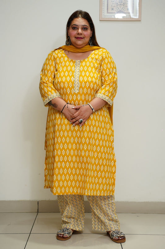 Yellow Cotton Straight Cut Kurta Set