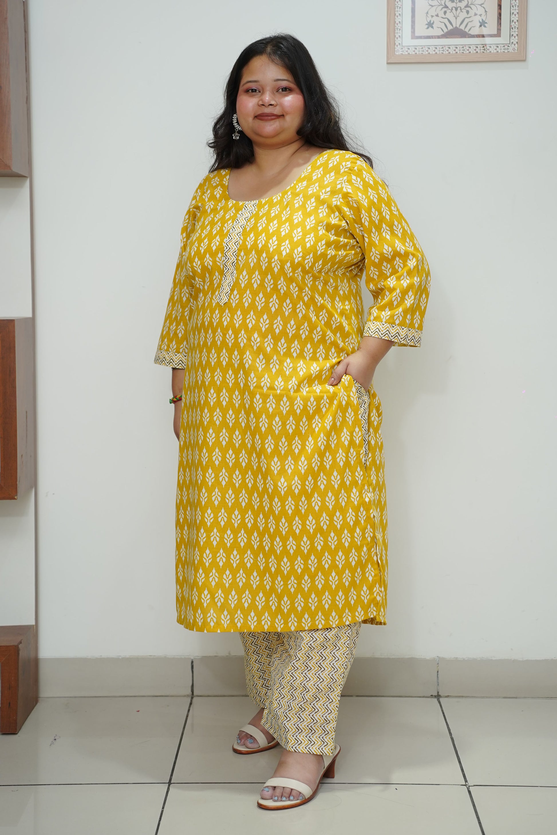 Women Plus Size Deep Yellow Cotton Straight Cut Kurta Set