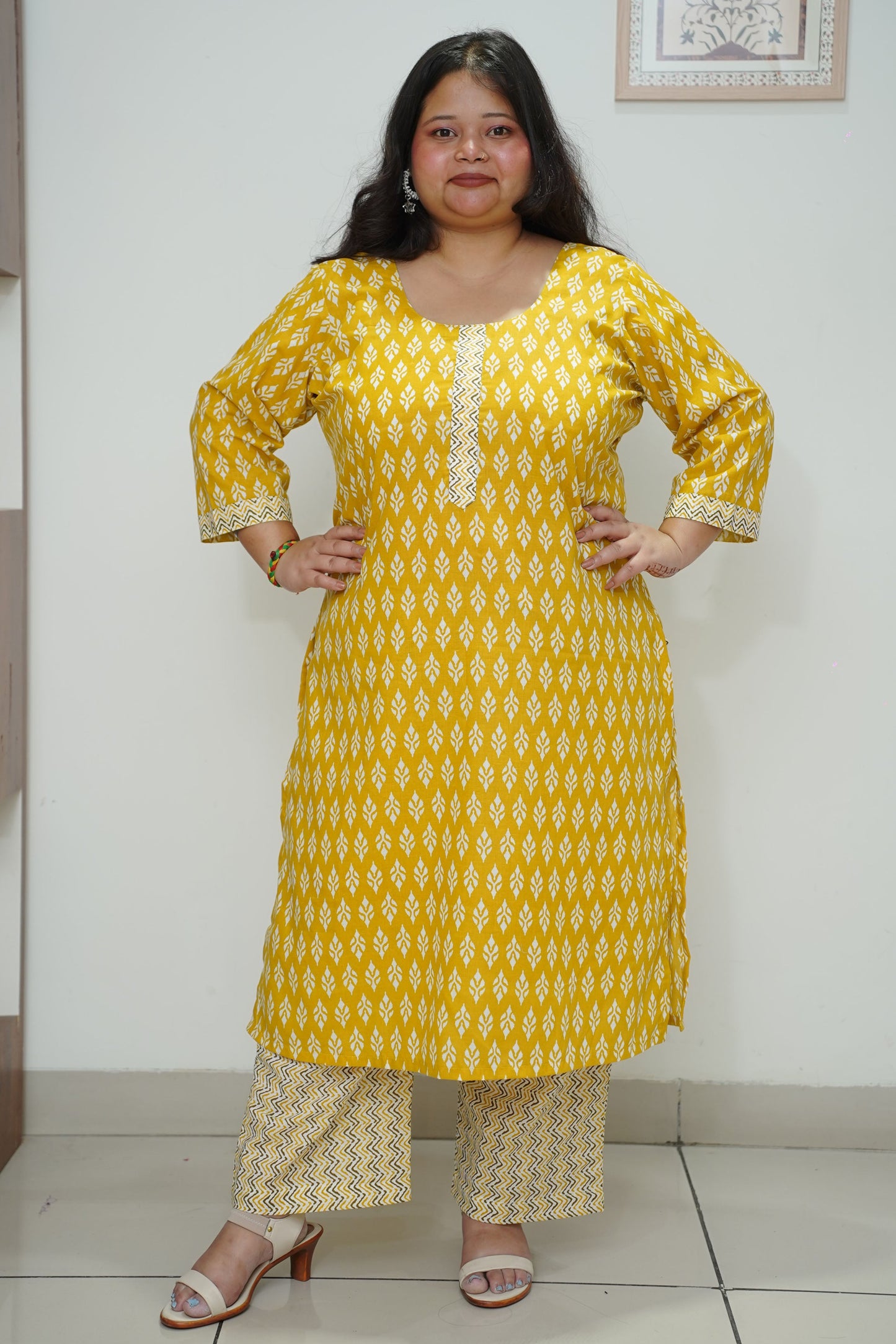 Women Plus Size Deep Yellow Cotton Straight Cut Kurta Set