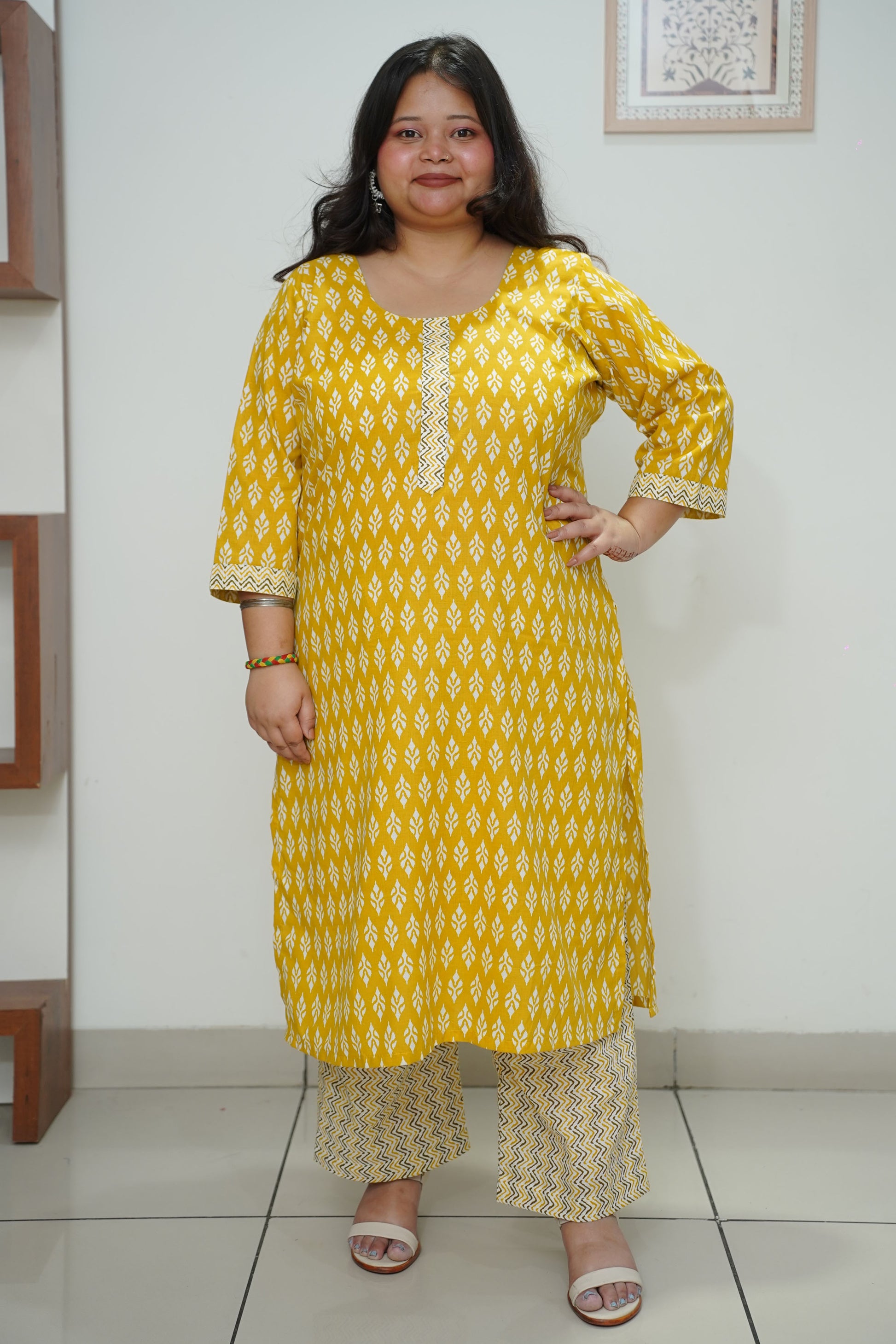 Women Plus Size Deep Yellow Cotton Straight Cut Kurta Set