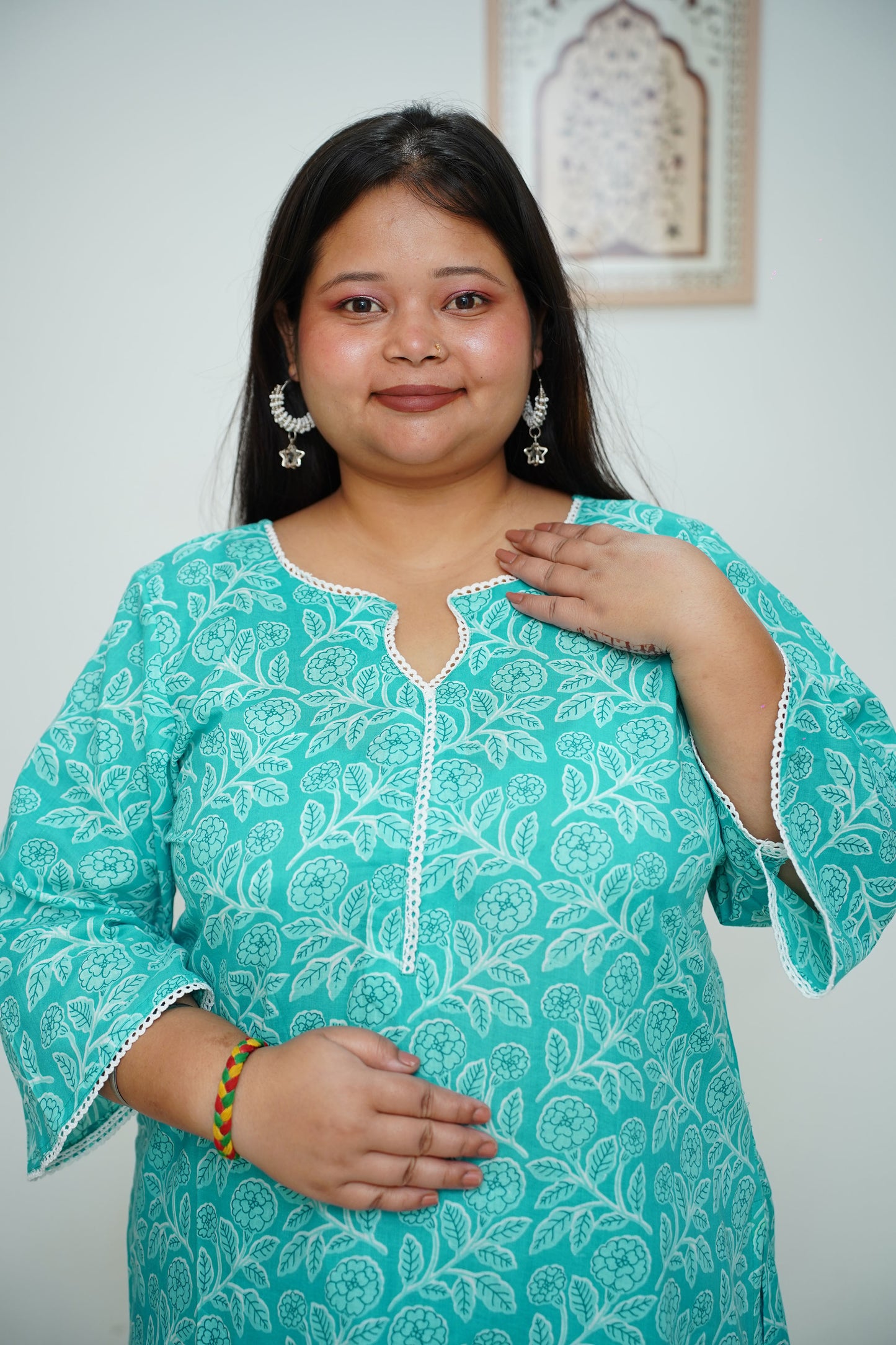 Women Plus Size Firozi Floral Cotton Straight Cut Suit