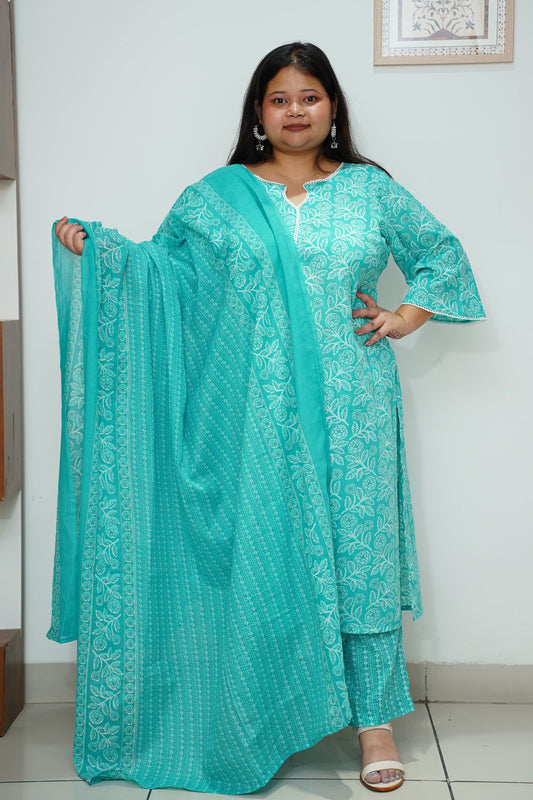 Women Plus Size Firozi Floral Cotton Straight Cut Suit