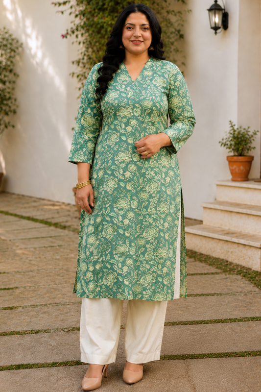Green Cotton Floral Print Kurta