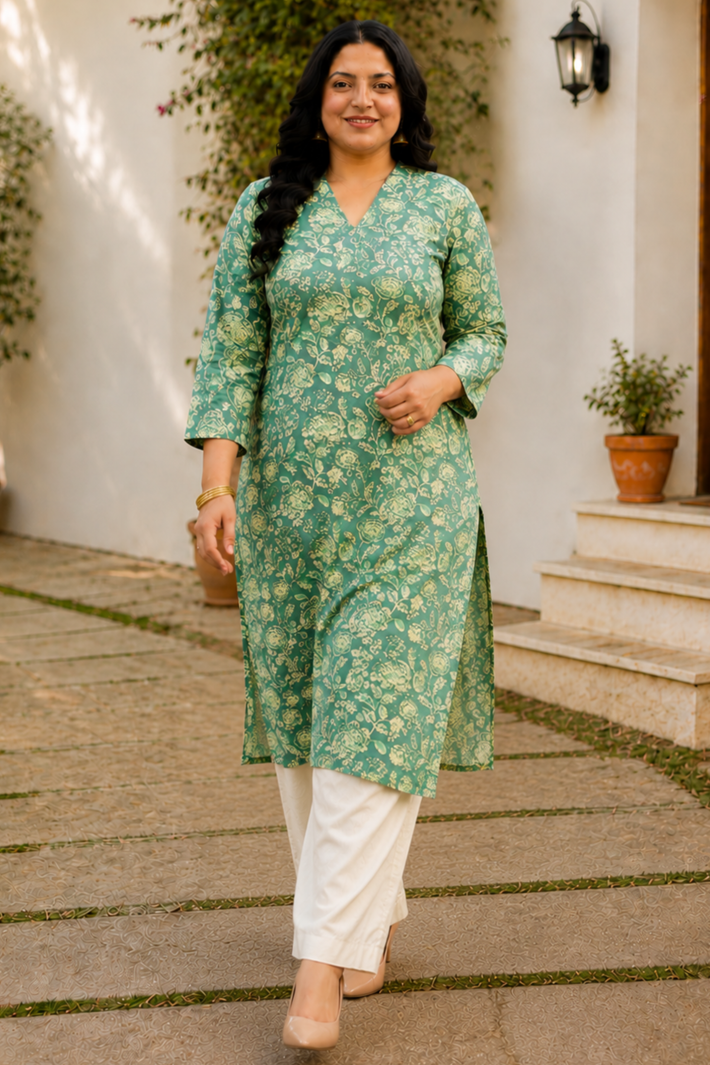 Green Cotton Floral Print Kurta