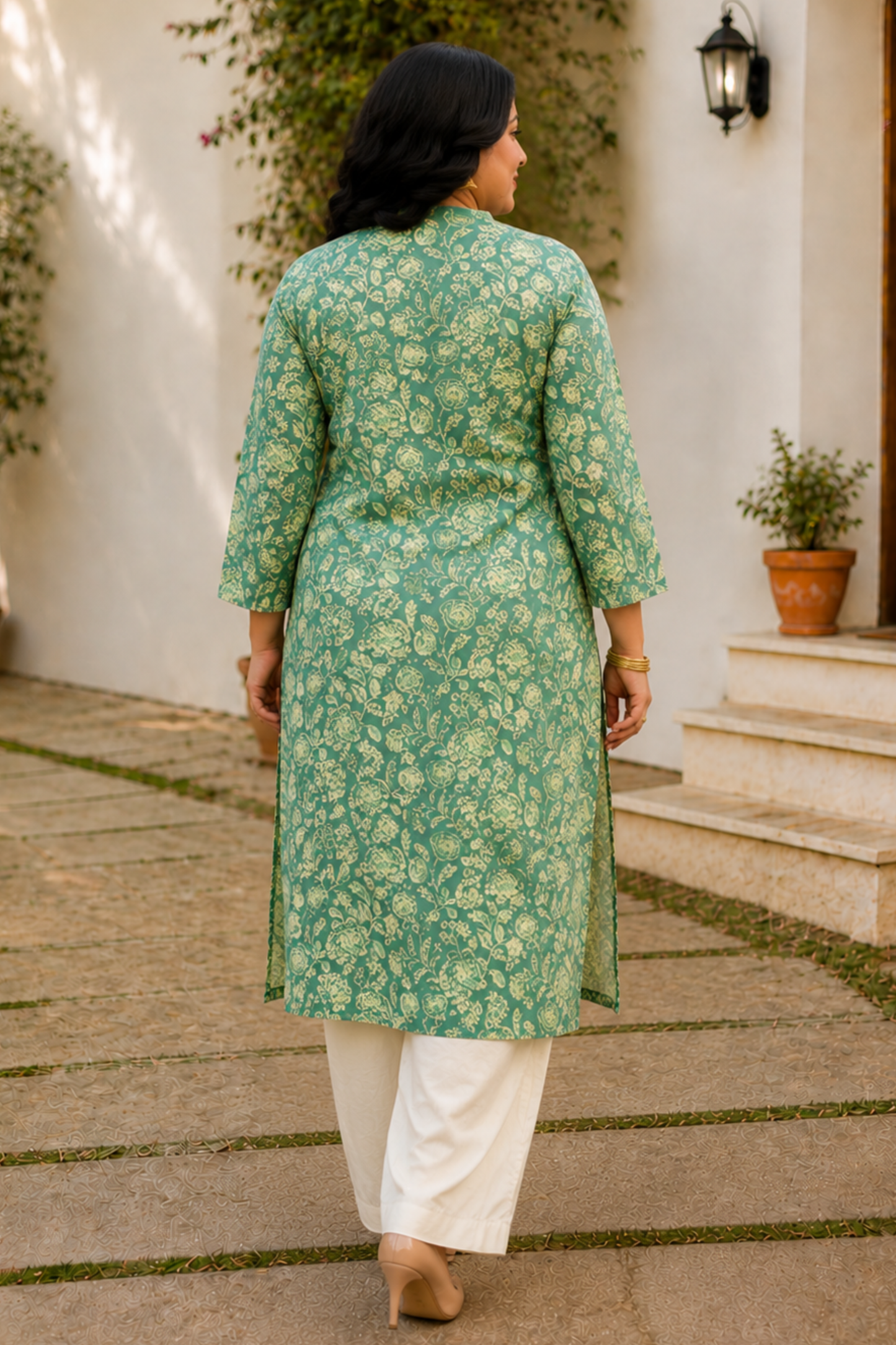 Green Cotton Floral Print Kurta