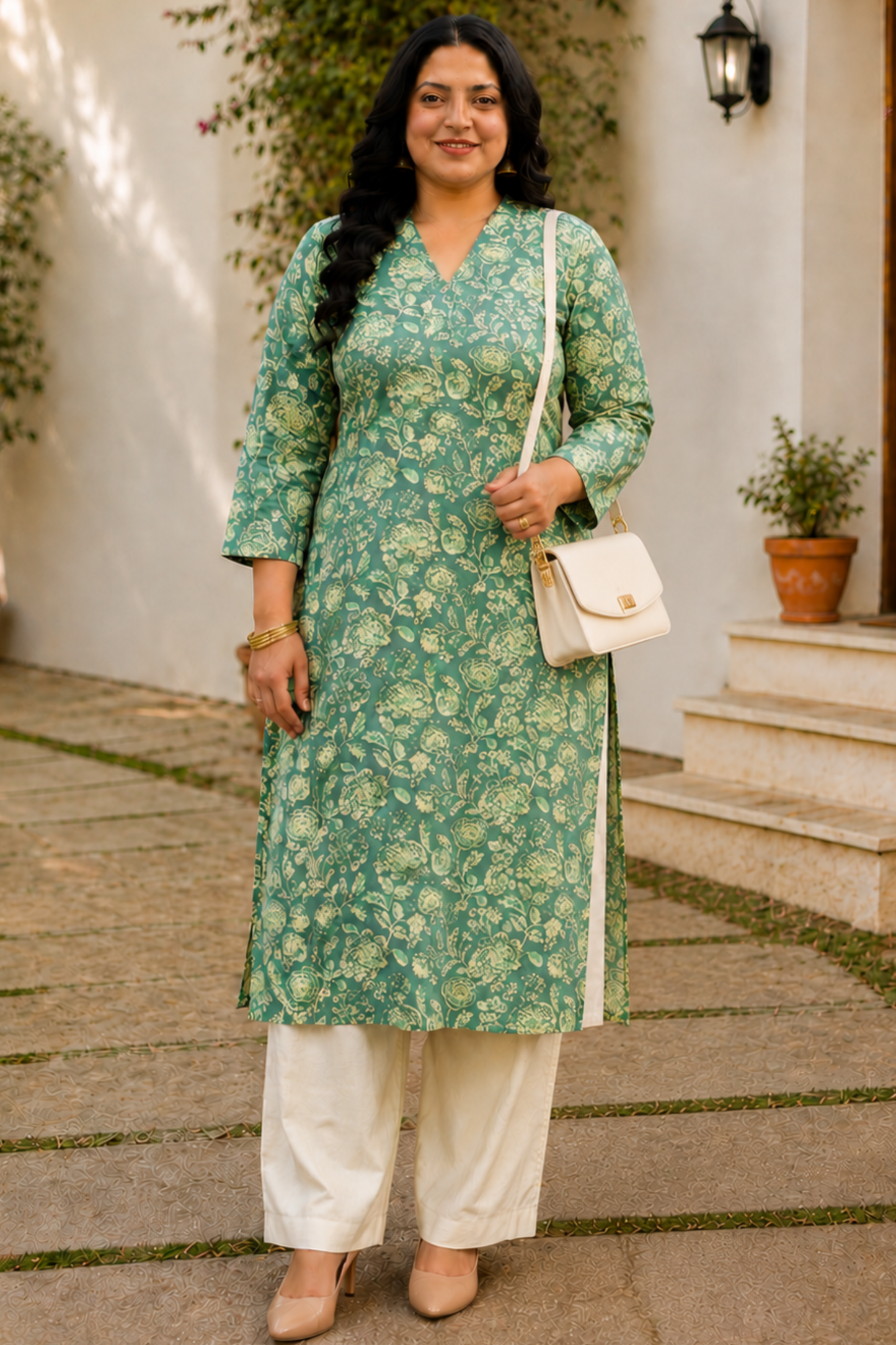 Green Cotton Floral Print Kurta