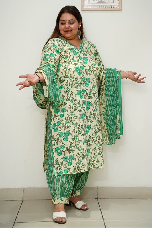 Women Plus Size Green Cotton Floral Afghani Salwar Suit