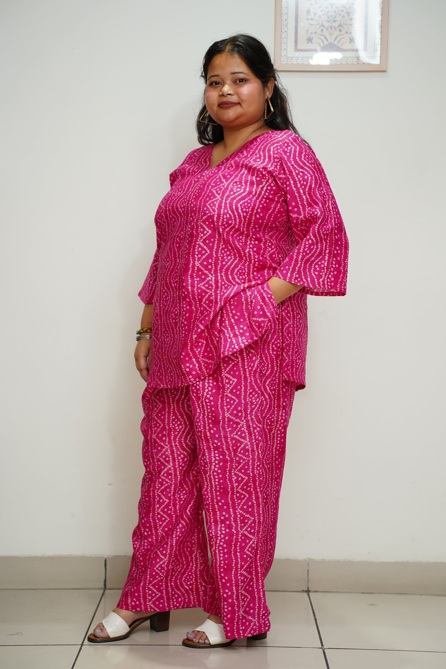 Women Plus Size Hot Pink Foiled Cotton Co-ord Set