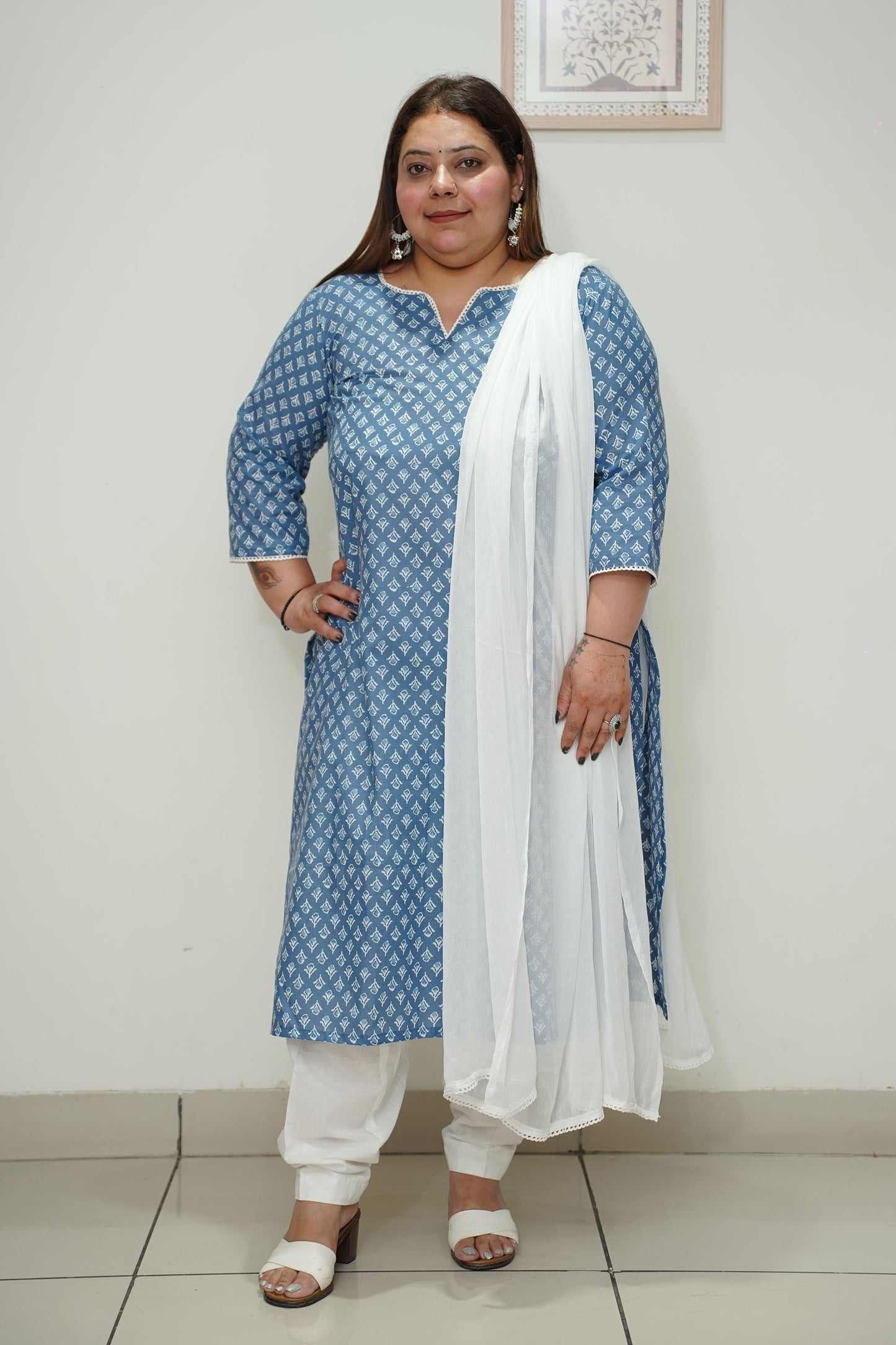 Women Plus Size Indigo Printed Straight Cut Afghani Suit