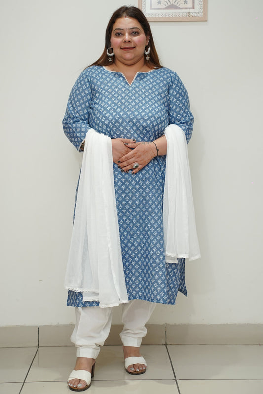 Women Plus Size Indigo Printed Straight Cut Afghani Suit