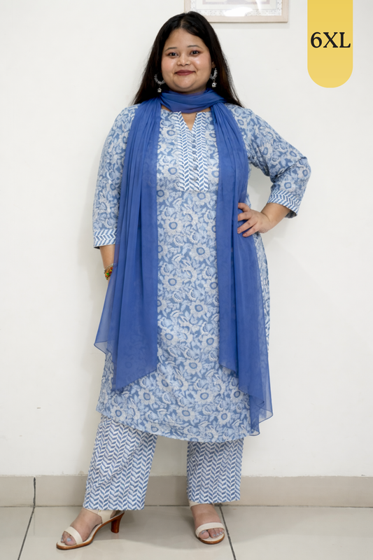 Blue Floral Cotton Straight Cut Kurta Set