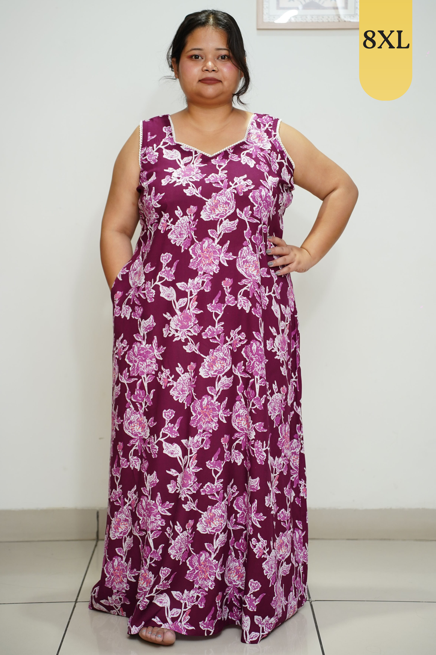 Mulberry Wine Floral Night Gown With Pocket