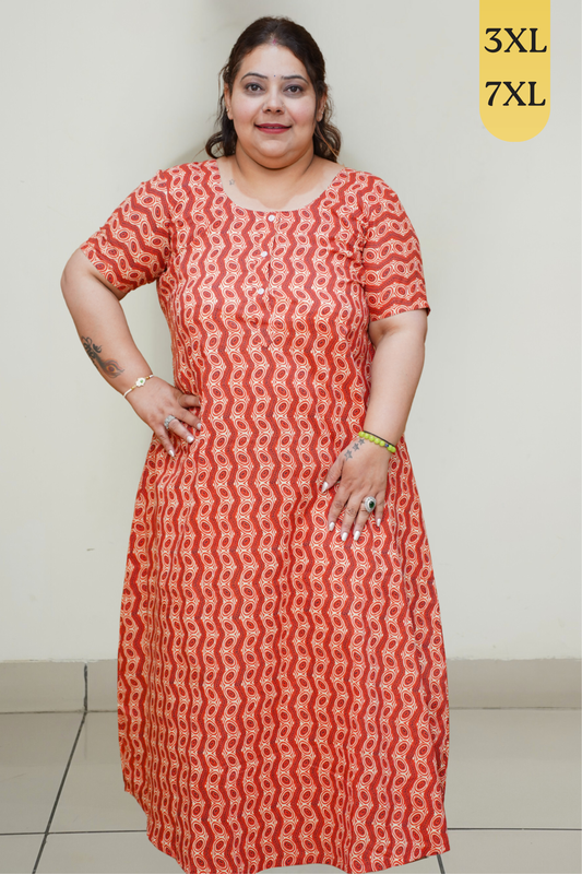 Rust Printed Cotton Nighty with Pocket