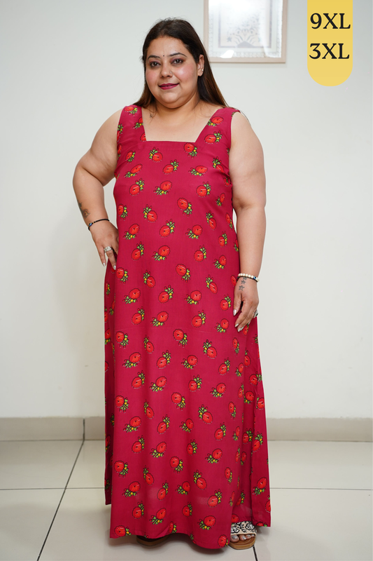 Cherry Red Rayon Night Gown With Pocket