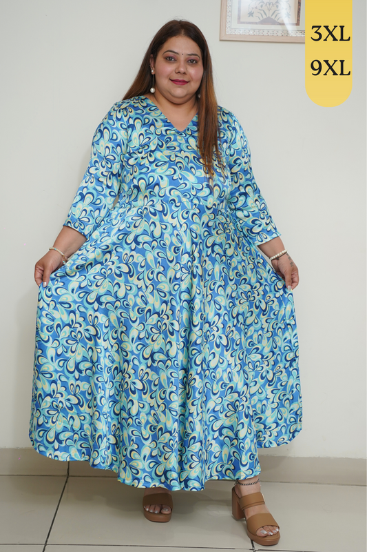 Blue Digital Printed Flared Dress with Pockets