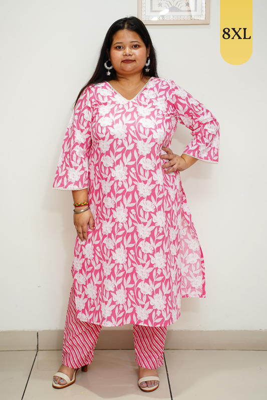 Pink Floral Cotton Straight Cut Suit Set