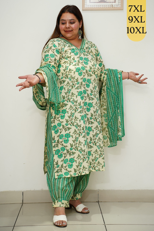 Green Cotton Floral Afghani Salwar Suit