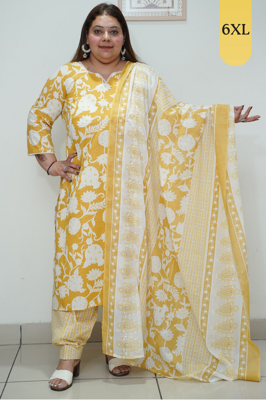 Yellow Floral Cotton Straight Cut Suit Set