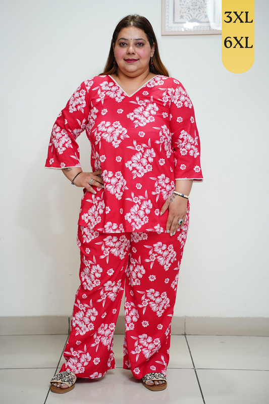 Red Floral Rayon Co-ord Set with Pockets