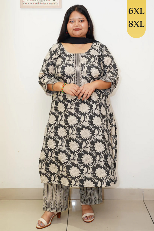 Black Floral Cotton Straight Cut Suit Set