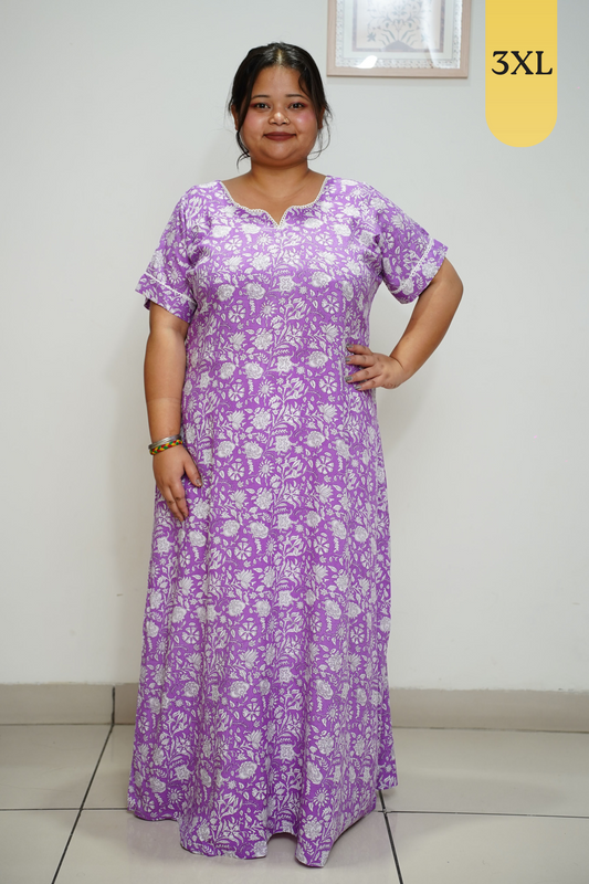 Mauve Printed Rayon Night Gown With Pocket