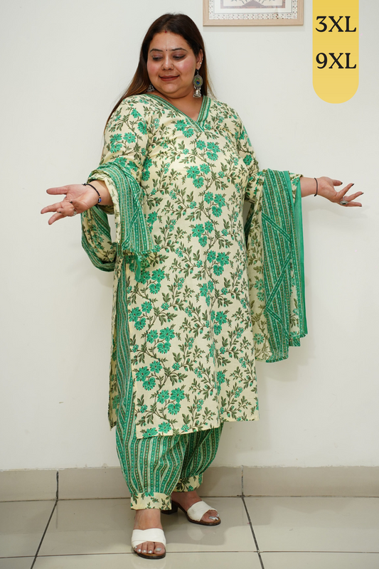 Green Cotton Floral Afghani Salwar Suit